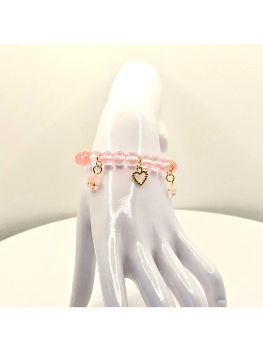 Pink Heart Bracelet, Cute Beaded Bracelet, Feminine Stretch Bracelet, Romantic J